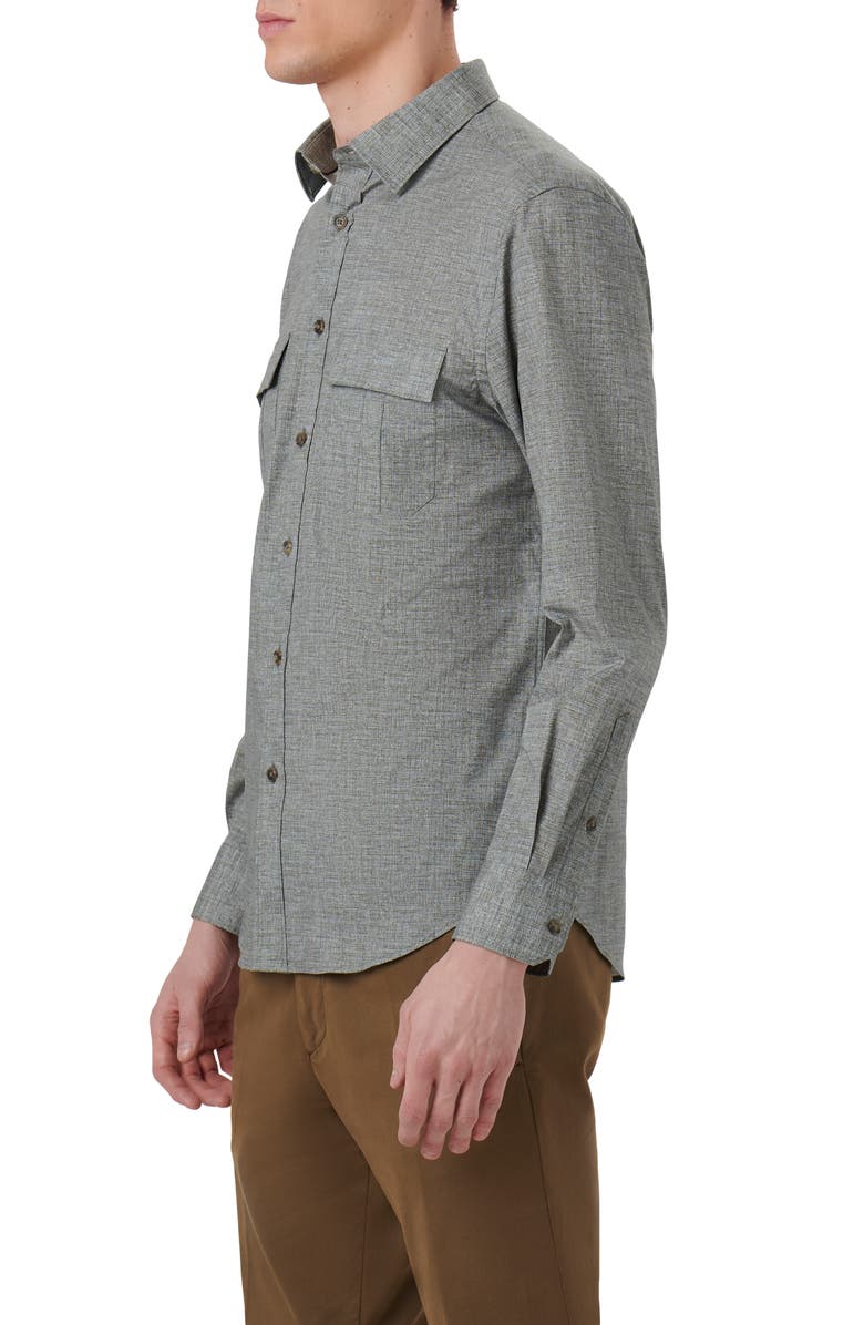 Bugatchi Jasper Shaped Fit Heather Stretch Chambray Button-Up Shirt, Alternate, color, Khaki