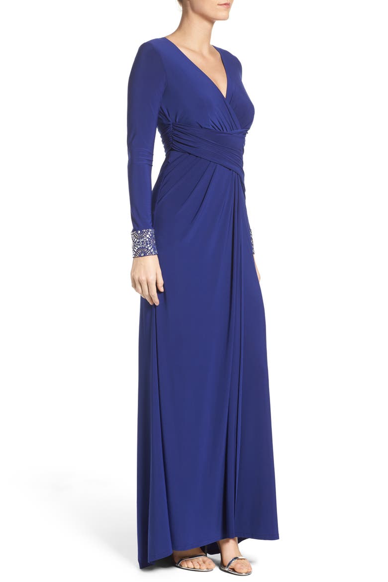 Embellished Sleeve Jersey Gown, Alternate, color, INDIGO