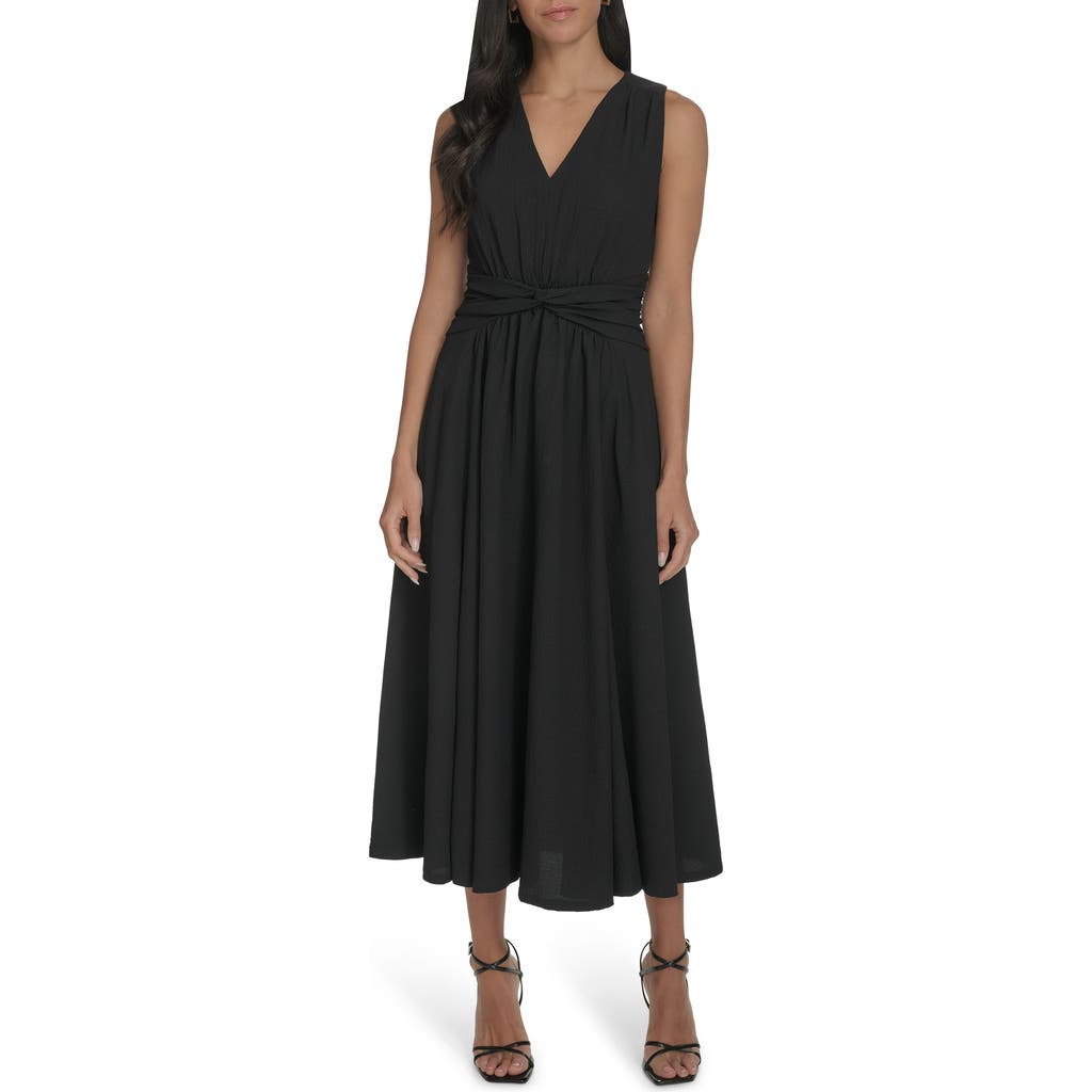 Shop Calvin Klein Sleeveless Knotted Waist Gauze Midi Dress In Black