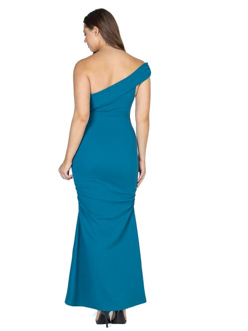 24seven Comfort Apparel Formal One Shoulder Rouched Mermaid Maxi Dress In Blue