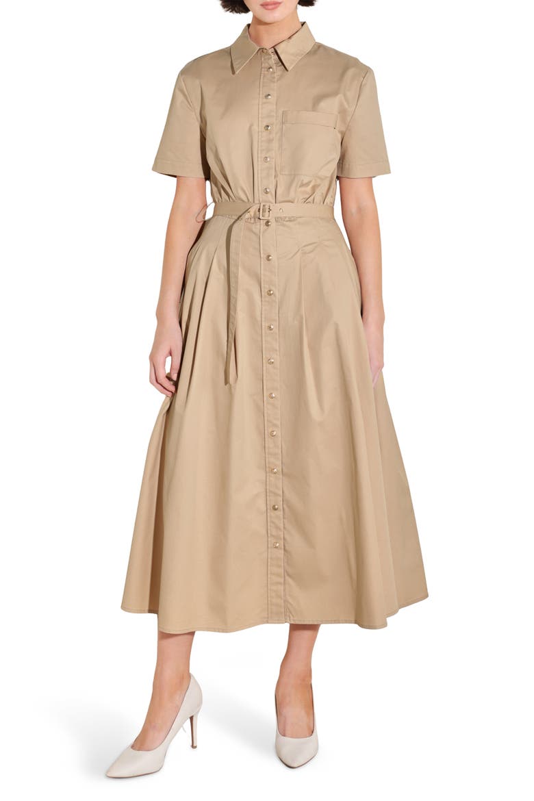 Cotton Poplin Belted Midi Shirt Dress, Main, color, KHAKI