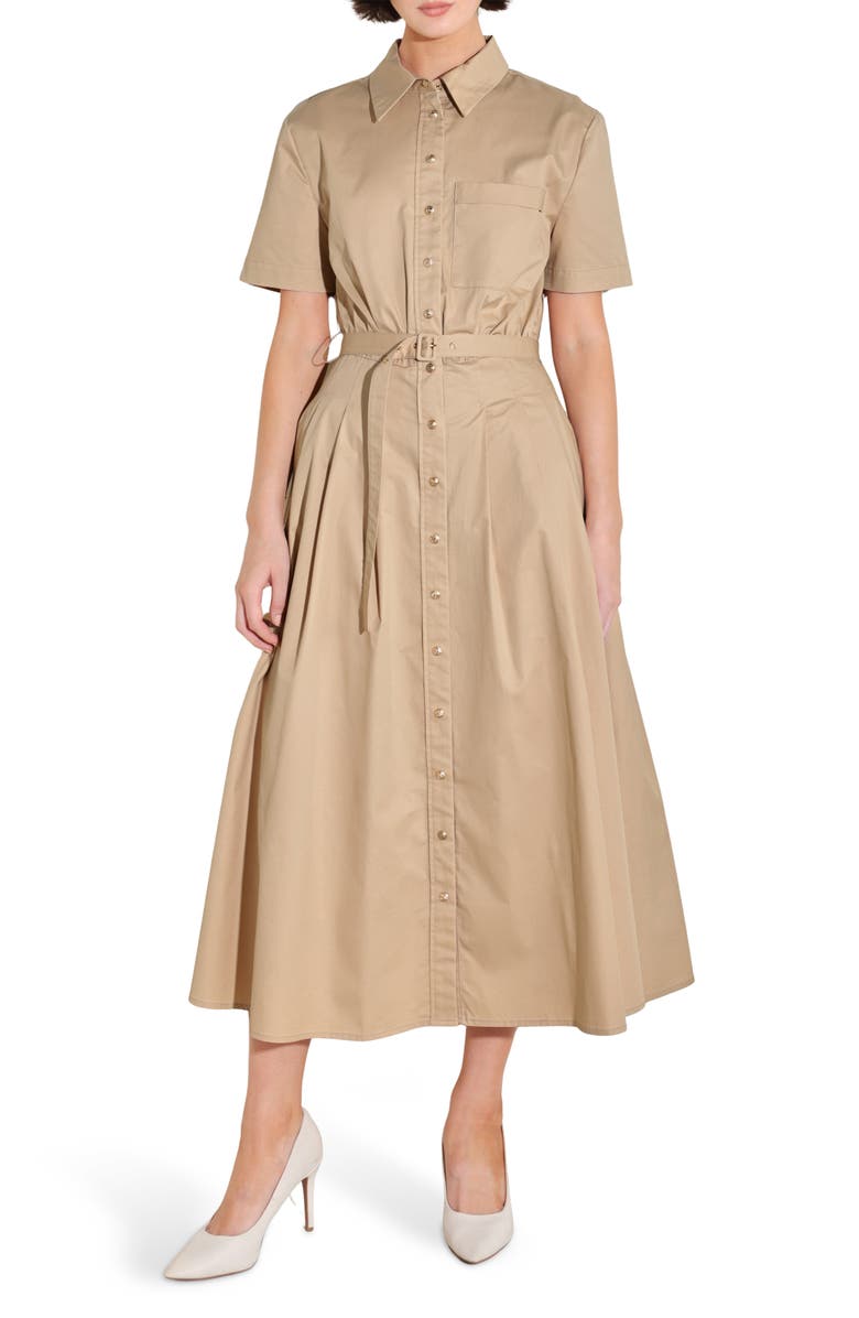 FREEMARKET Cotton Poplin Belted Midi Shirt Dress, Main, color, Khaki