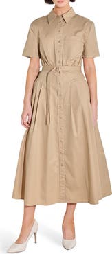 FREEMARKET Cotton Poplin Belted Midi Shirt Dress