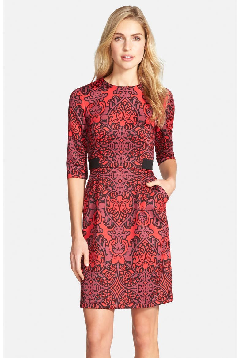 Print Scuba Fit & Flare Dress, Main, color, BLACK/ RED