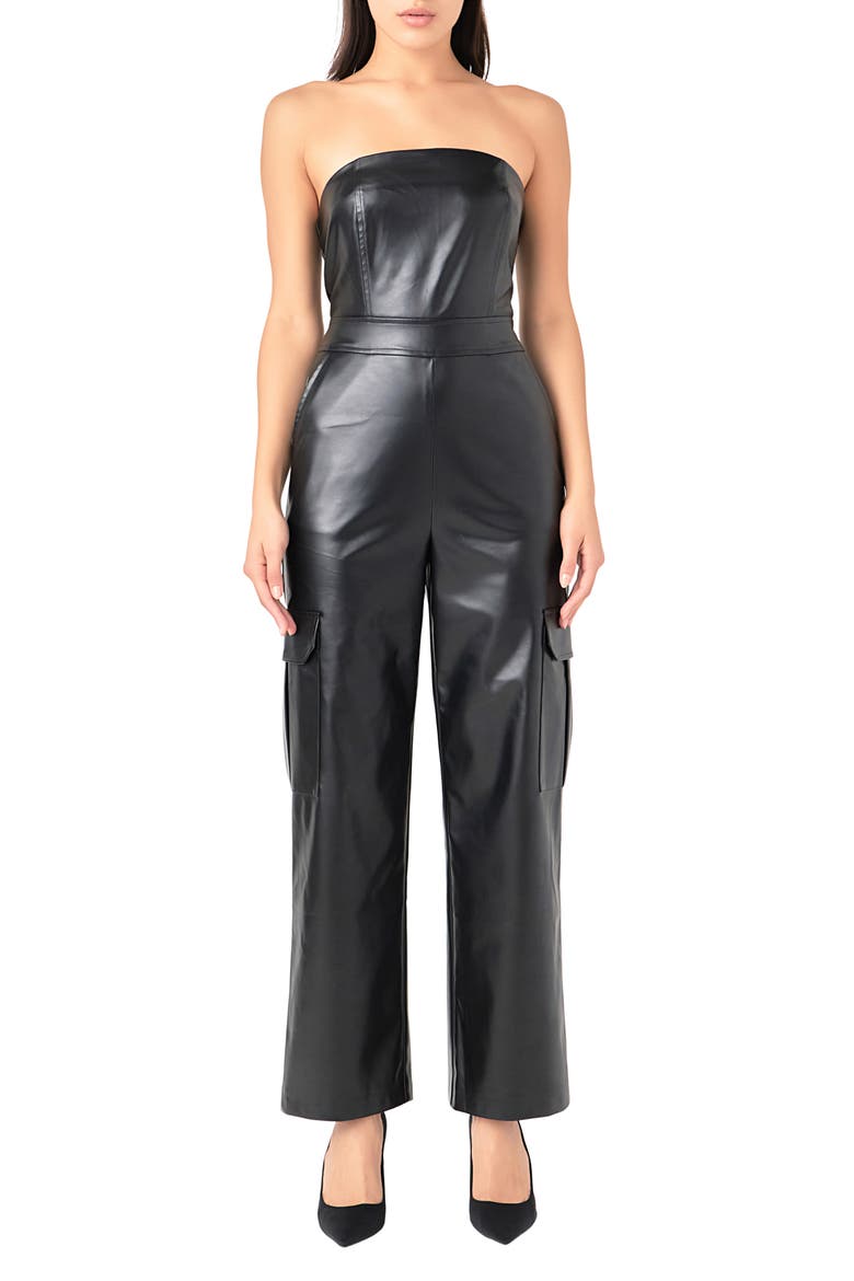 Faux Leather Strapless Cargo Jumpsuit, Main, color, BLACK