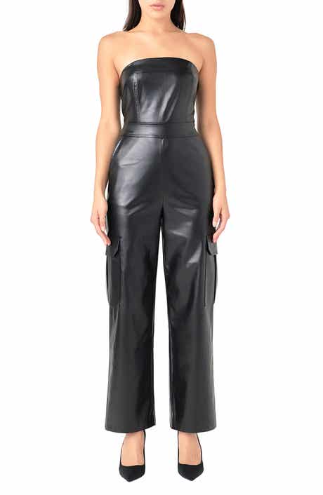 Faux Leather Strapless Cargo Jumpsuit