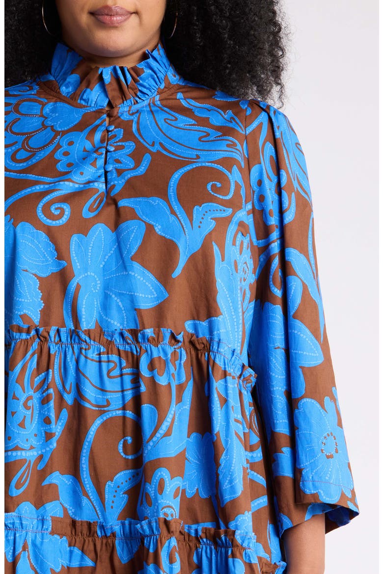 Ofelia Floral Tiered Cotton Shift Dress, Alternate, color, BROWN-BLUES