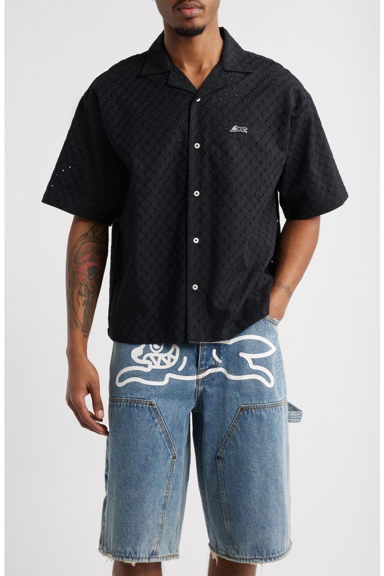 Mega Crop Cotton Pointelle Camp Shirt, Main, color, BLACK