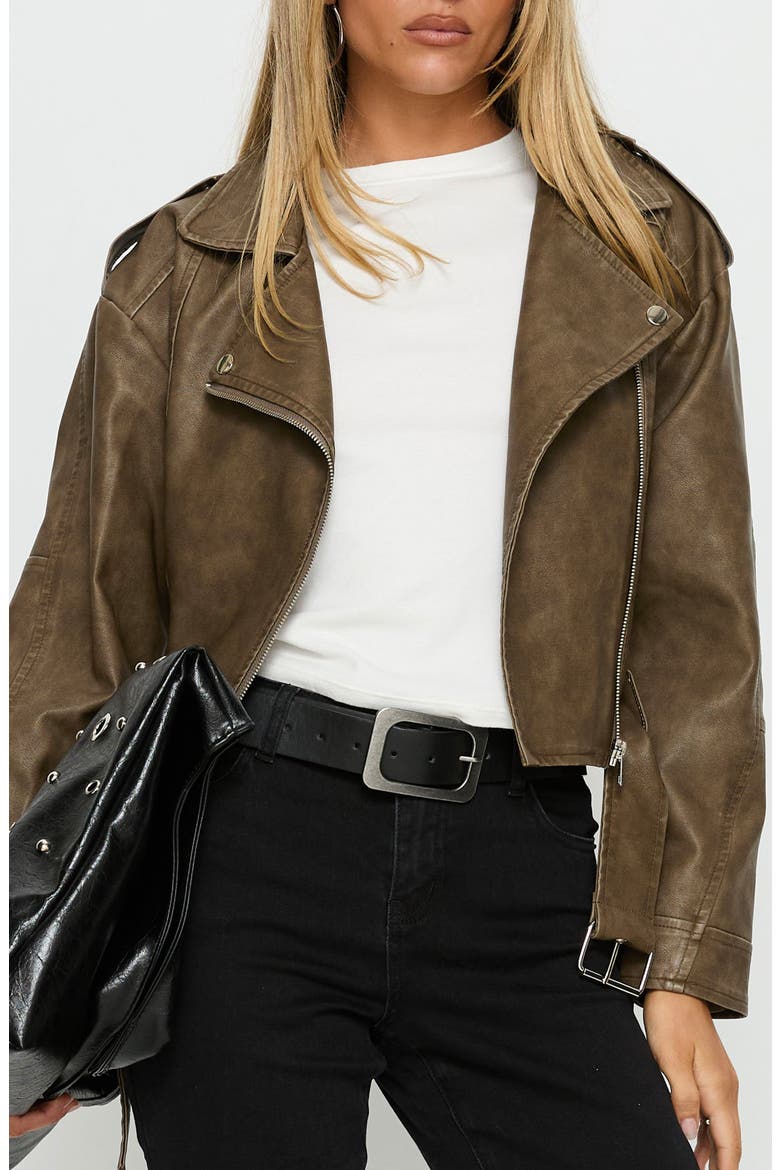 Talisha Faux Leather Biker Jacket, Main, color, BROWN