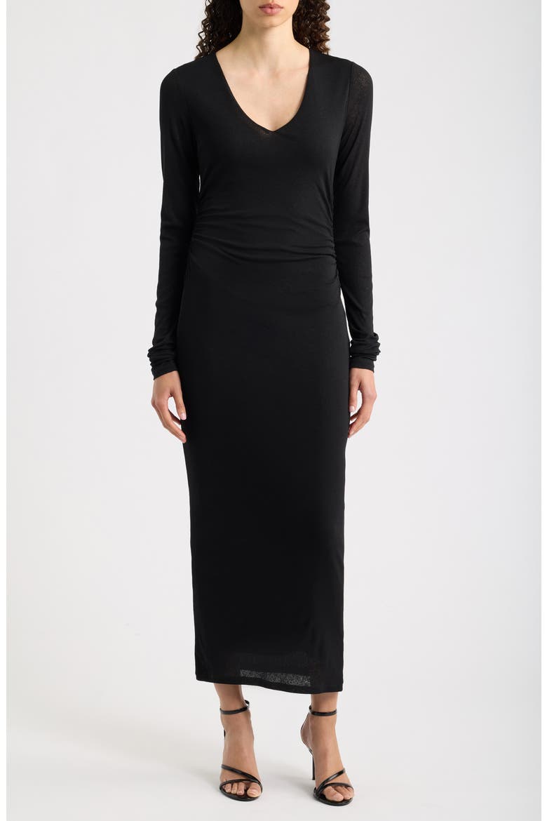 Side Ruched Long Sleeve Maxi Dress, Main, color, BLACK