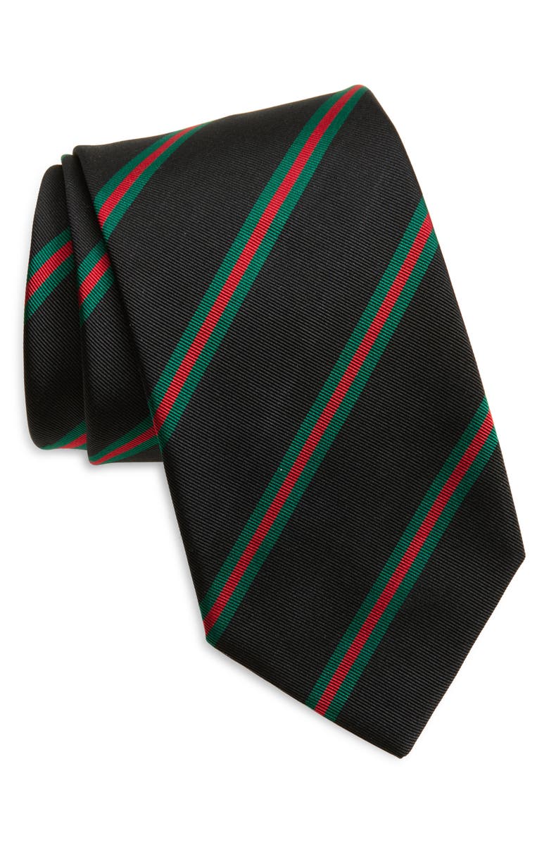Drake's Sandwich Stripe Silk & Cotton Mogador Tie, Main, color, Black Green Red