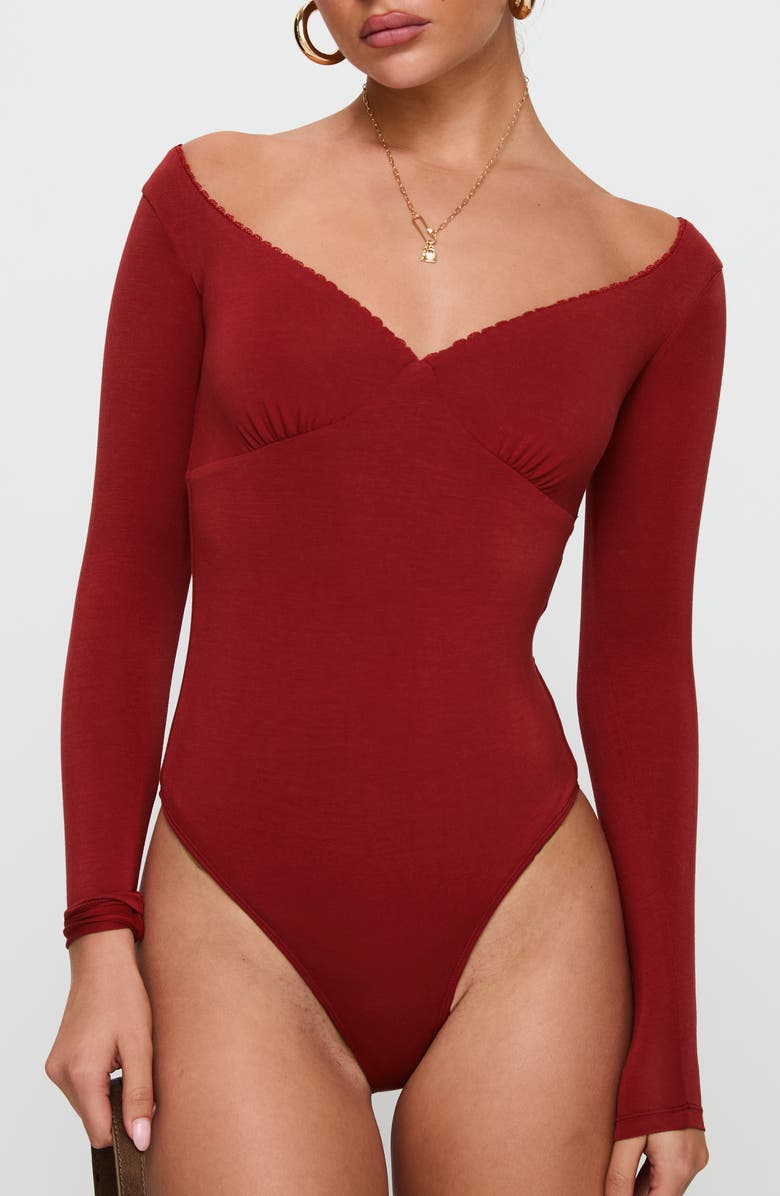 Princess Polly Loveydove Long Sleeve Bodysuit, Alternate, color, Burgundy