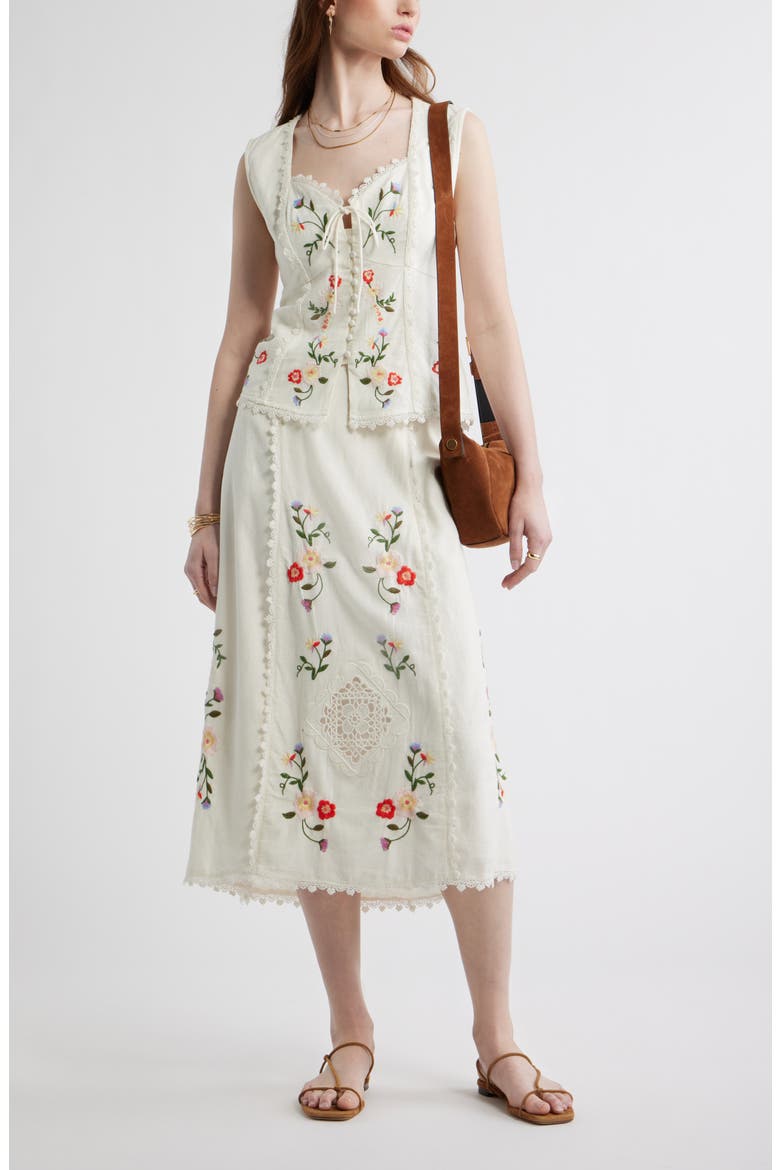 Embroidered Linen Blend Eyelet Midi Skirt, Alternate, color, IVORY MULTI EMBROIDERY