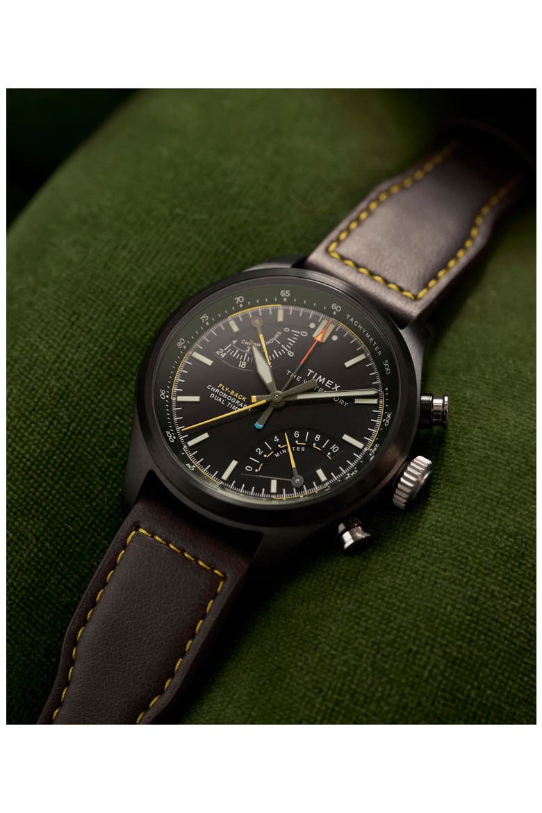 Waterbury Ace Fly-Back Chronograph Leather Strap Watch, Alternate, color, BLACK