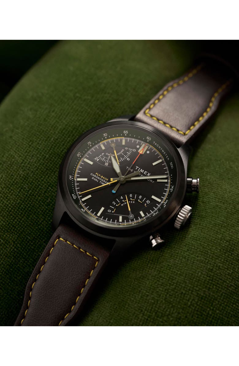 Timex<sup>®</sup> Waterbury Ace Fly-Back Chronograph Leather Strap Watch, Alternate, color, Black