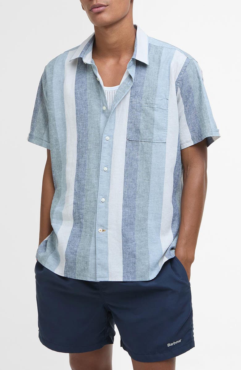 Barbour Portwell Stripe Summer Fit Short Sleeve Button-Up Shirt, Main, color, Navy