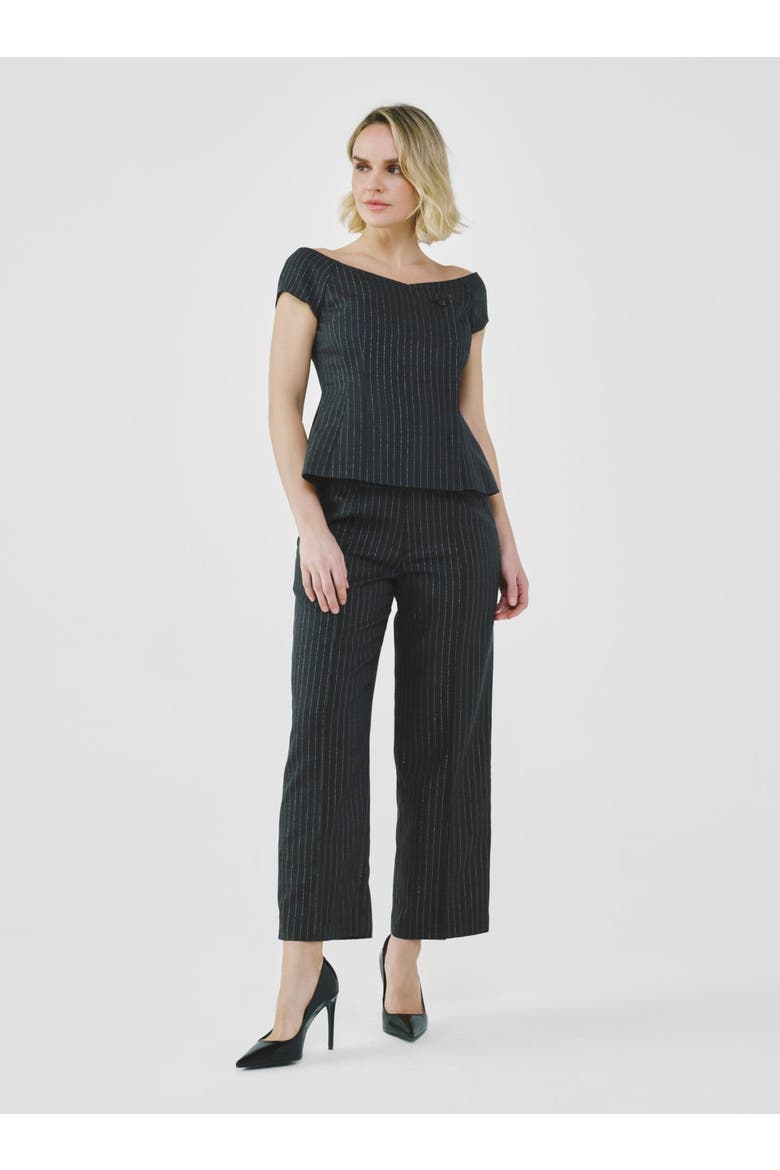 Tailored Pinstripe Bardot Top, Main, color, Charcoal Grey