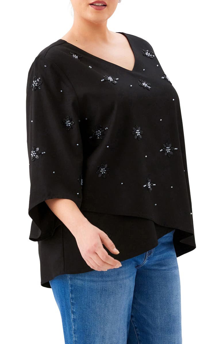 Karen Kane Embellished Asymmetric Hem Top, Alternate, color, Black