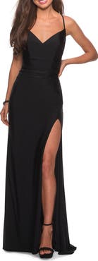 La Femme Long Homecoming Dress with Slit and Criss Cross Back