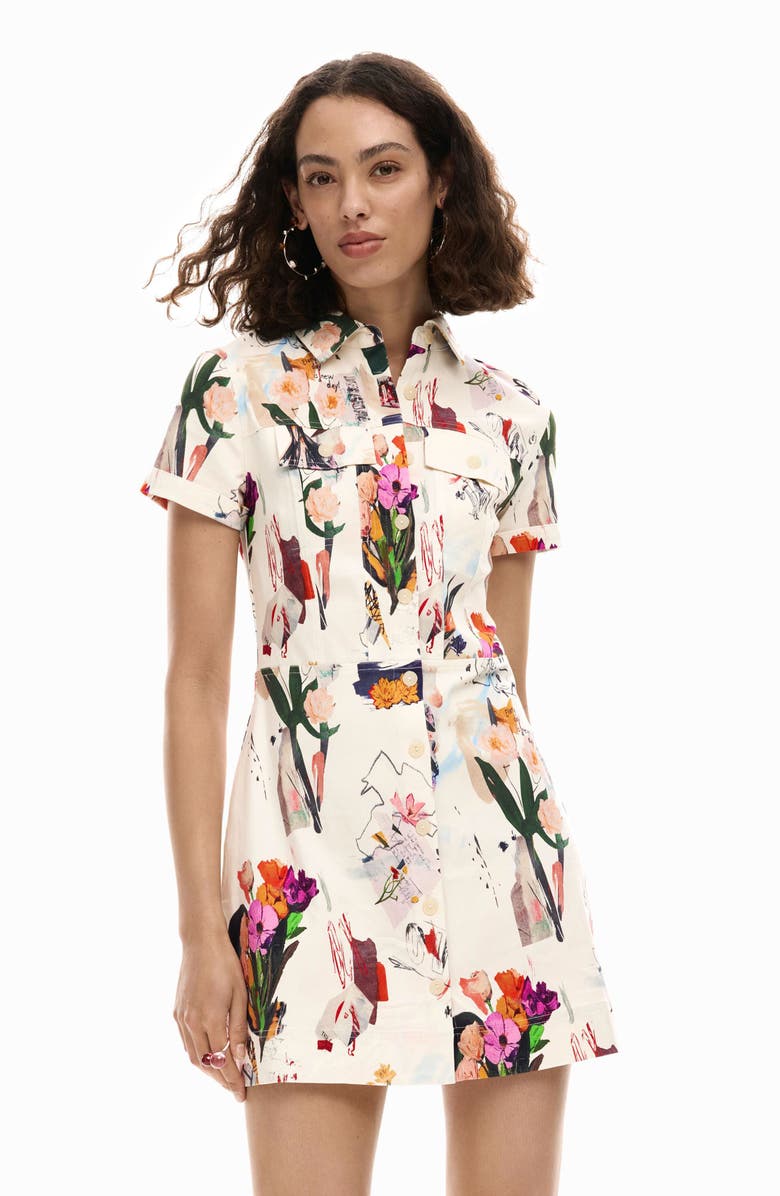 Desigual Printed Mini Shirtdress, Alternate, color, Medium Beige