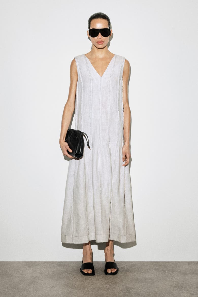 Sculpted Pleated Linen Midi Dress, Main, color, LIGHT GRAY