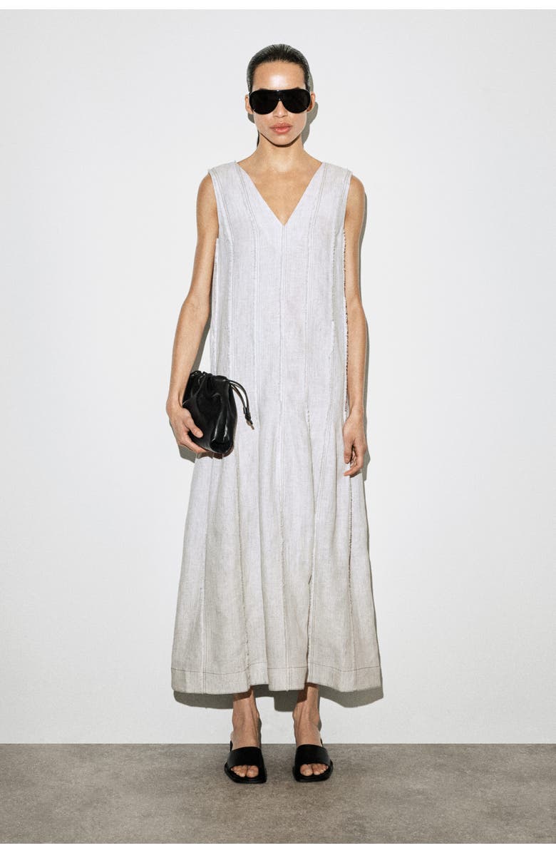 COS Sculpted Pleated Linen Midi Dress, Main, color, Light Gray