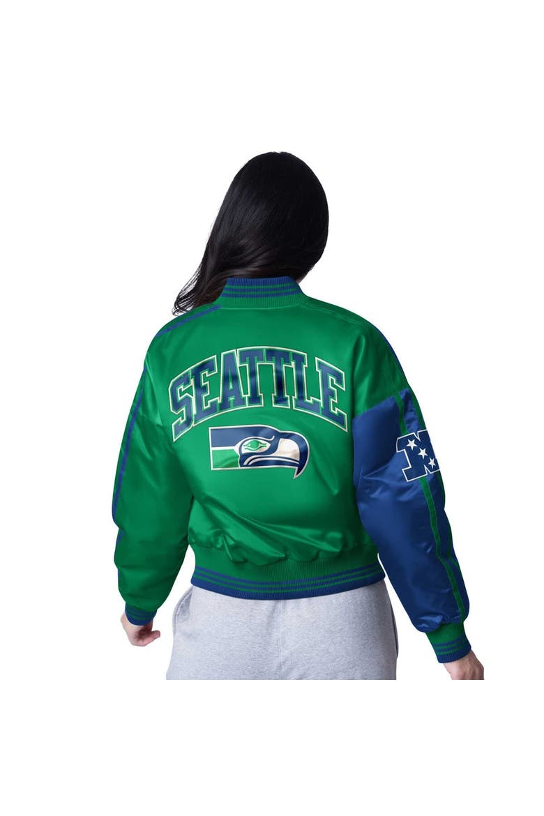 Women's Starter  College Navy/Neon Green Seattle Seahawks Zone Blitz Cropped Full-Snap Satin Jacket, Alternate, color, College Navy