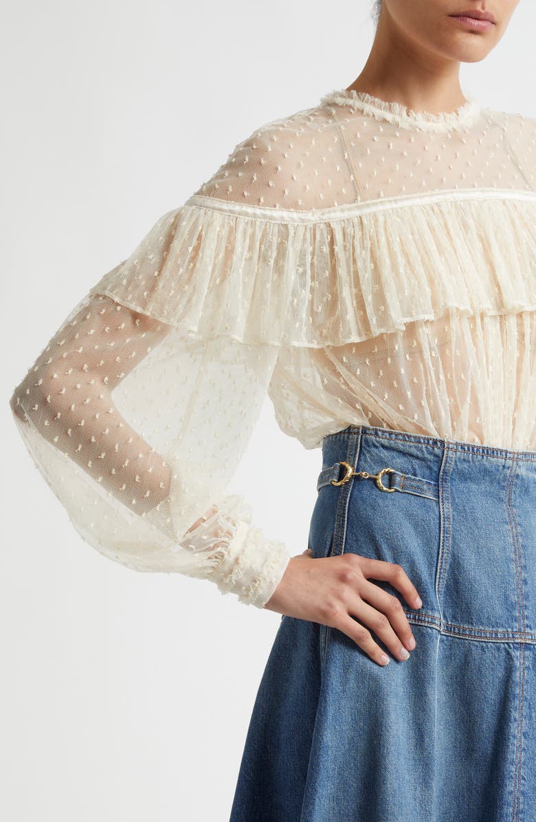 Ulla Johnson Anelise Ruffle Sheer Lace Top, Alternate, color, Cowrie