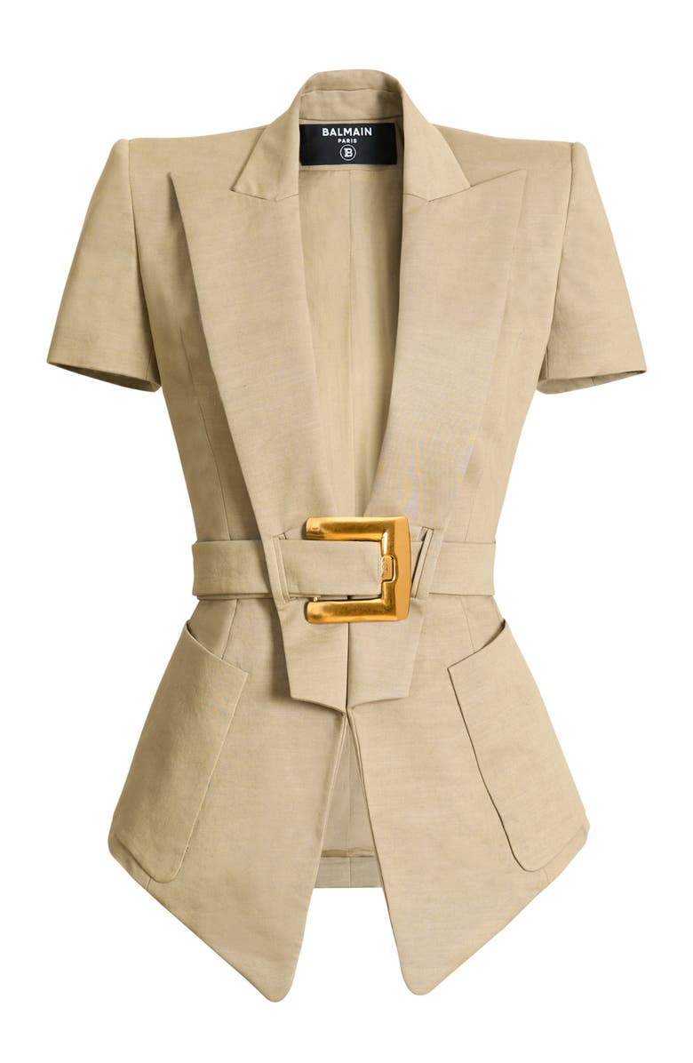Balmain Belted gabardine Anthem jacket, Alternate, color, Beige