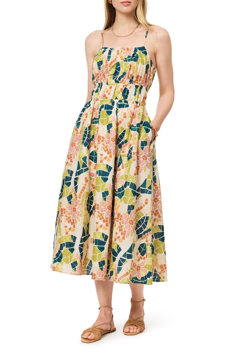 Floral Gathered A-Line Cotton Sundress, Main, color, FLORAL MOSAIC