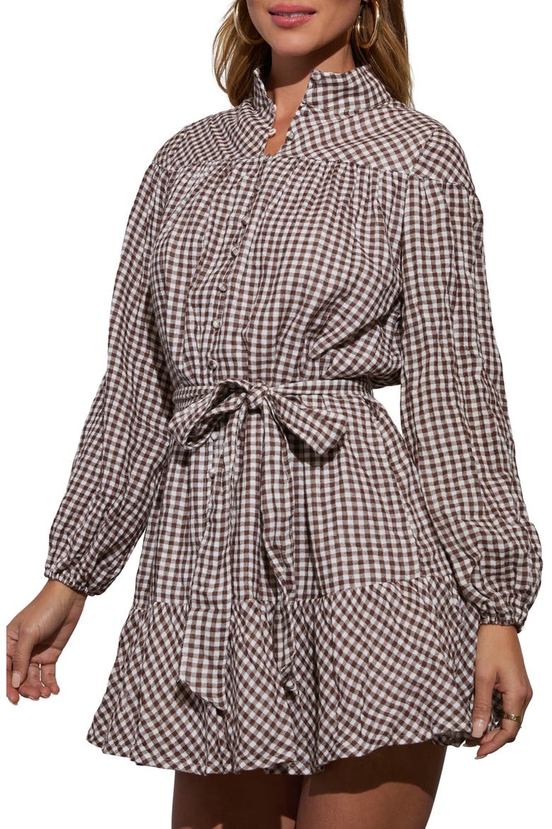 Sweet Autumn Plaid Belted Long Sleeve Mini Shirtdress, Alternate, color, BROWN/ CREAM