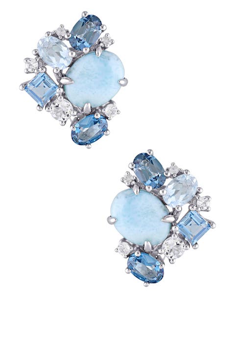 Sterling Silver Larimar, London, Sky Blue & White Topaz Cluster Earrings