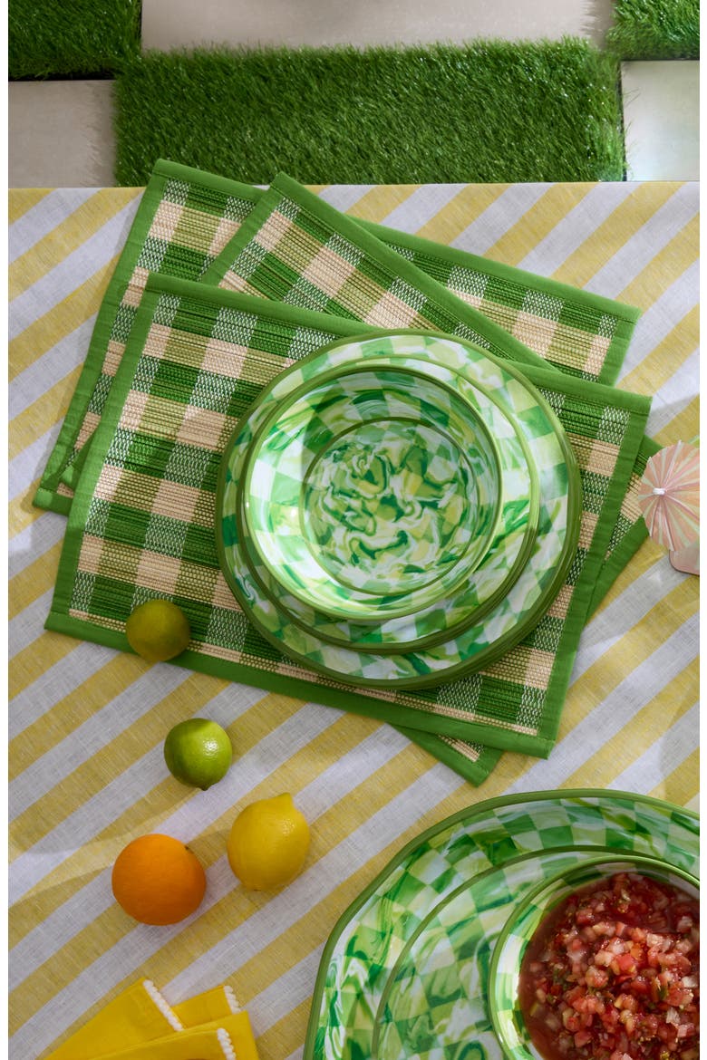 Green Woven Check Set of 4 Straw Placemats, Alternate, color, GREEN