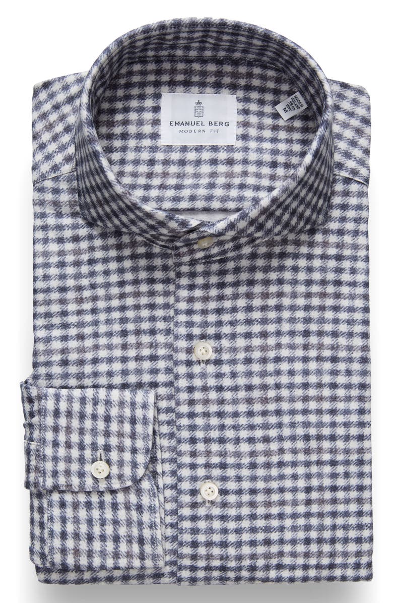 Emanuel Berg Modern Fit Gingham Check Stretch Cotton Knit Dress Shirt, Main, color, Medium Blue