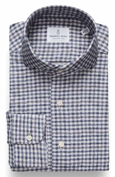Emanuel Berg Modern Fit Gingham Check Stretch Cotton Knit Dress Shirt
