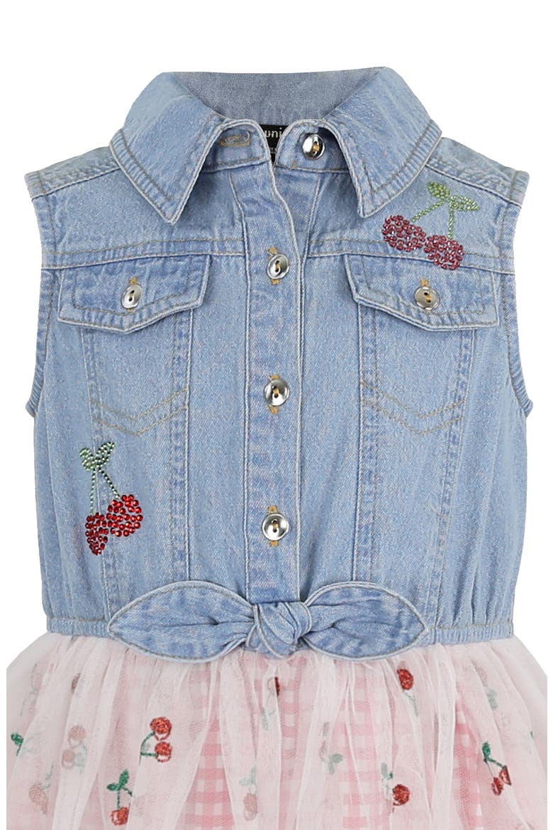 Kids' Denim Cherry Embroidered Mixed Media Dress, Alternate, color, DENIM/ PINK