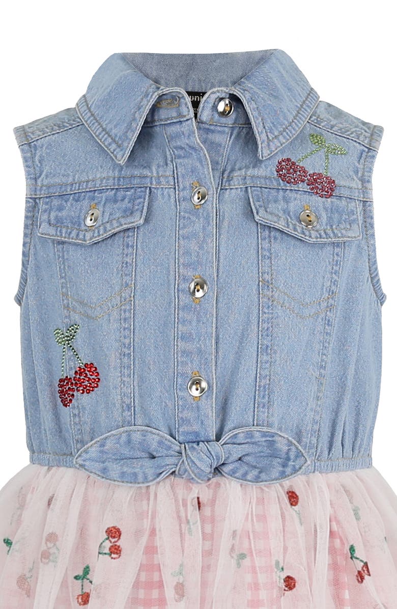 Zunie Kids' Denim Cherry Embroidered Mixed Media Dress, Alternate, color,