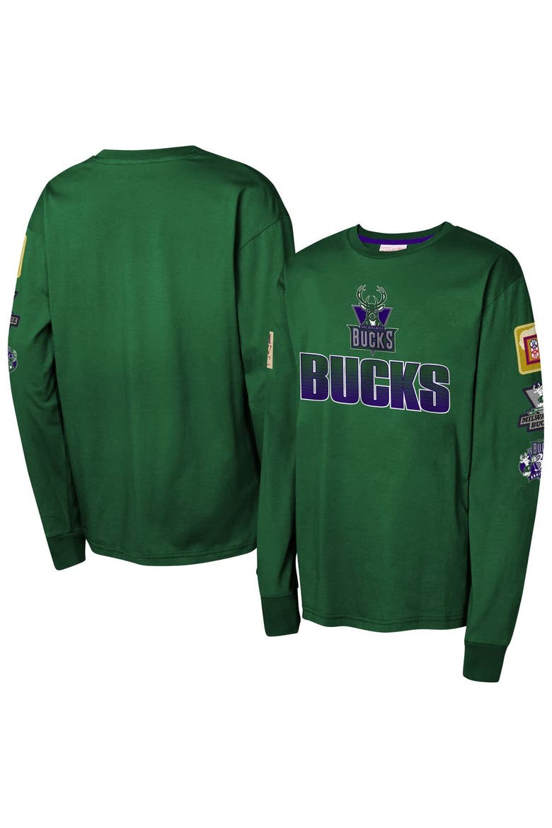 Youth Mitchell & Ness Hunter Green Milwaukee Bucks  Hardwood Classics All Over Long Sleeve T-Shirt, Main, color, Hunter Green
