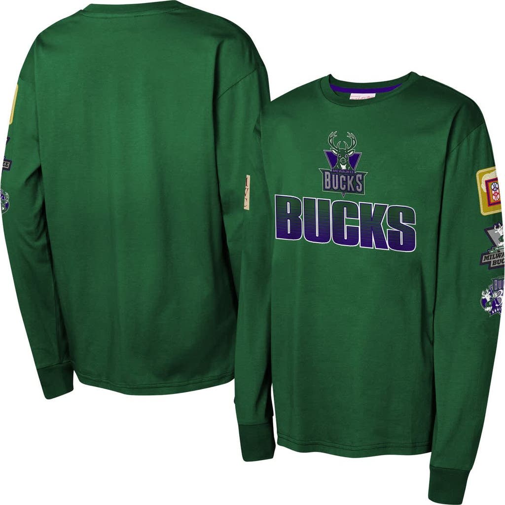 Mitchell & Ness Kids' Youth Hunter Green Milwaukee Bucks Hardwood Classics All Over Long Sleeve T-shirt