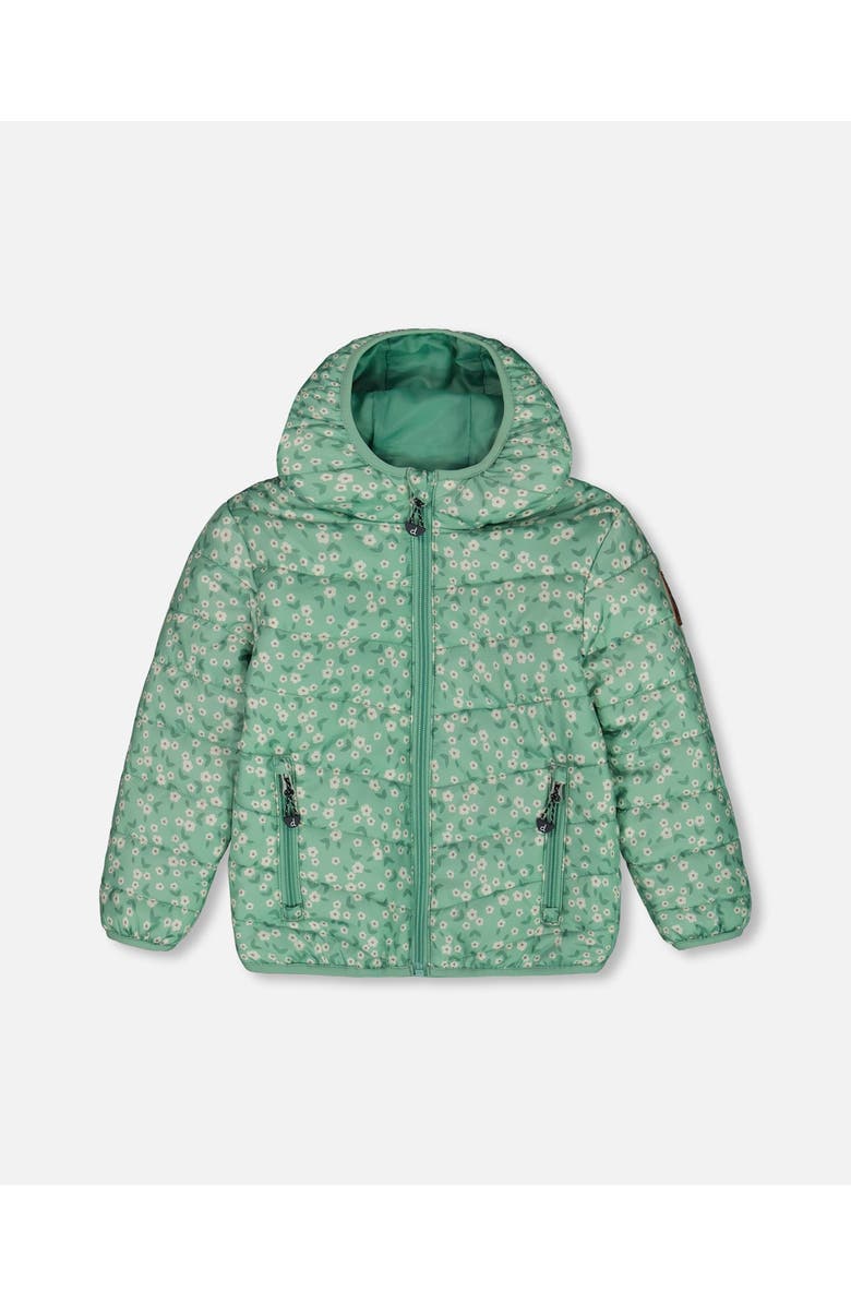 Deux par Deux Little Girl's Printed Quilted Mid-Season Jacket Small White Flowers On Sage Green Background, Main, color,