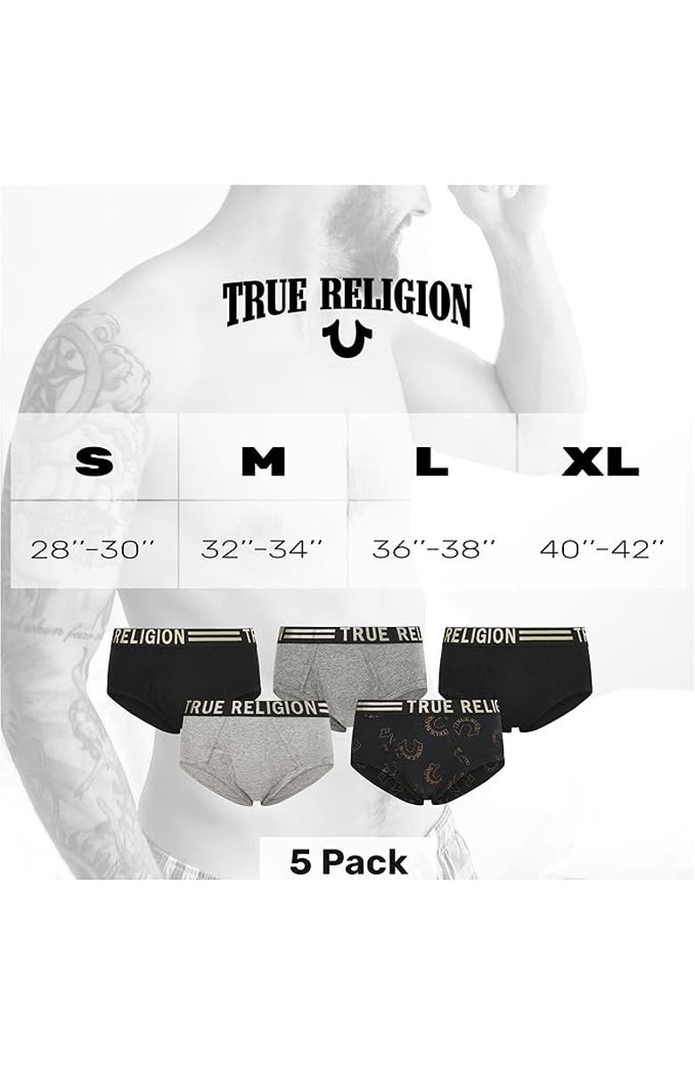 True Religion Briefs Soft Cotton Underwear Pack of 5, Alternate, color, Black