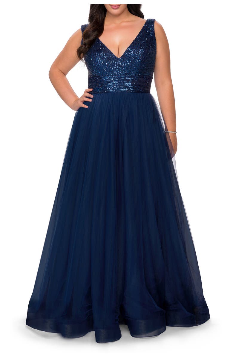 La Femme Curvy A-line Gown with Sequin Bodice and Tulle Skirt, Main, color, Navy