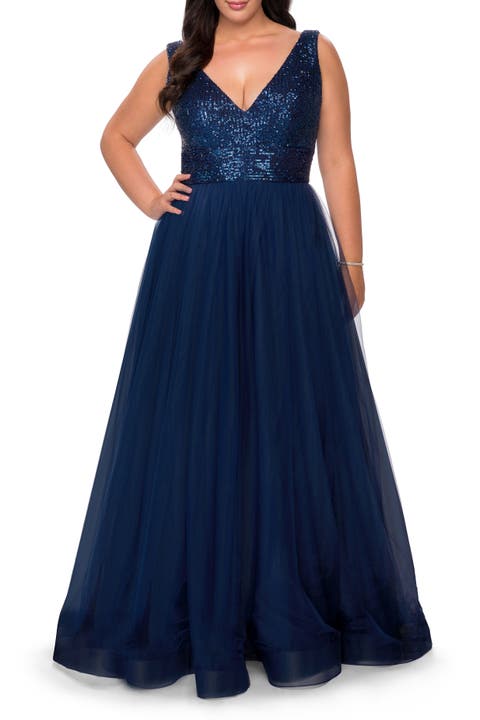 Curvy A-line Gown with Sequin Bodice and Tulle Skirt