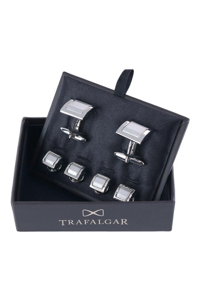 The Plaza Square Cuff Link & Stud Set, Alternate, color, SILVER