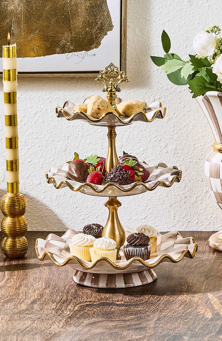 MACKENZIE CHILDS Mocha Check Ceramic Three Tier Sweet Stand, Alternate, color, Mocha