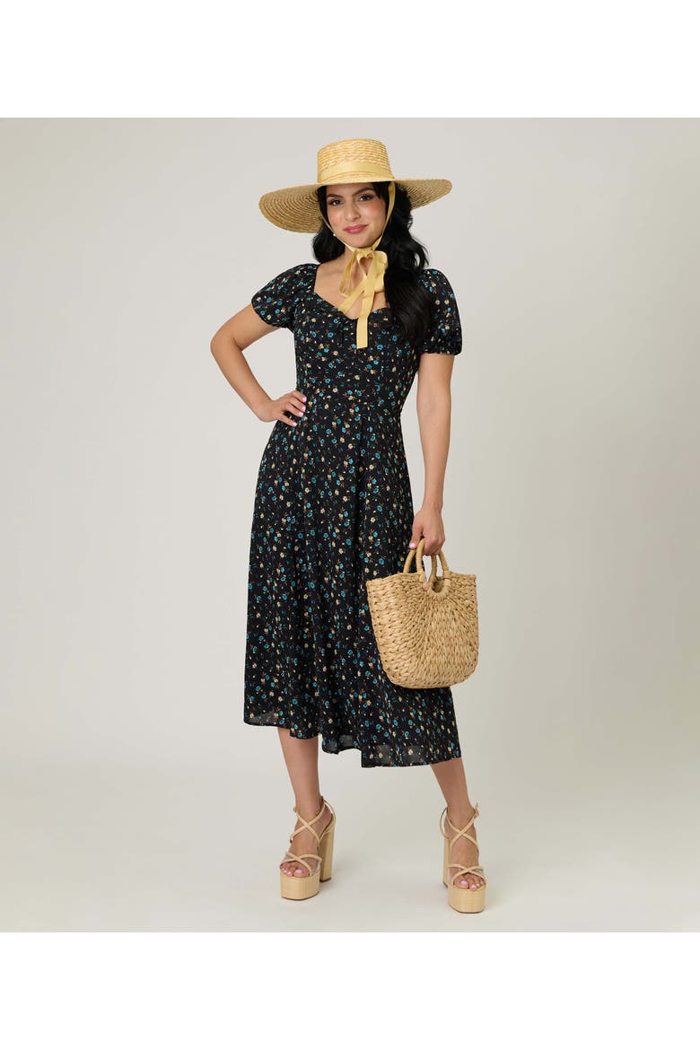 Dot Puff Sleeve Midi Dress, Alternate, color, Black & Blue Floral