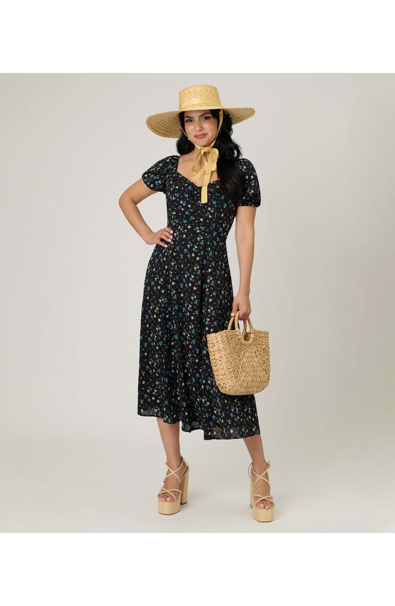 Unique Vintage Dot Puff Sleeve Midi Dress, Alternate, color, Black 
Blue Floral