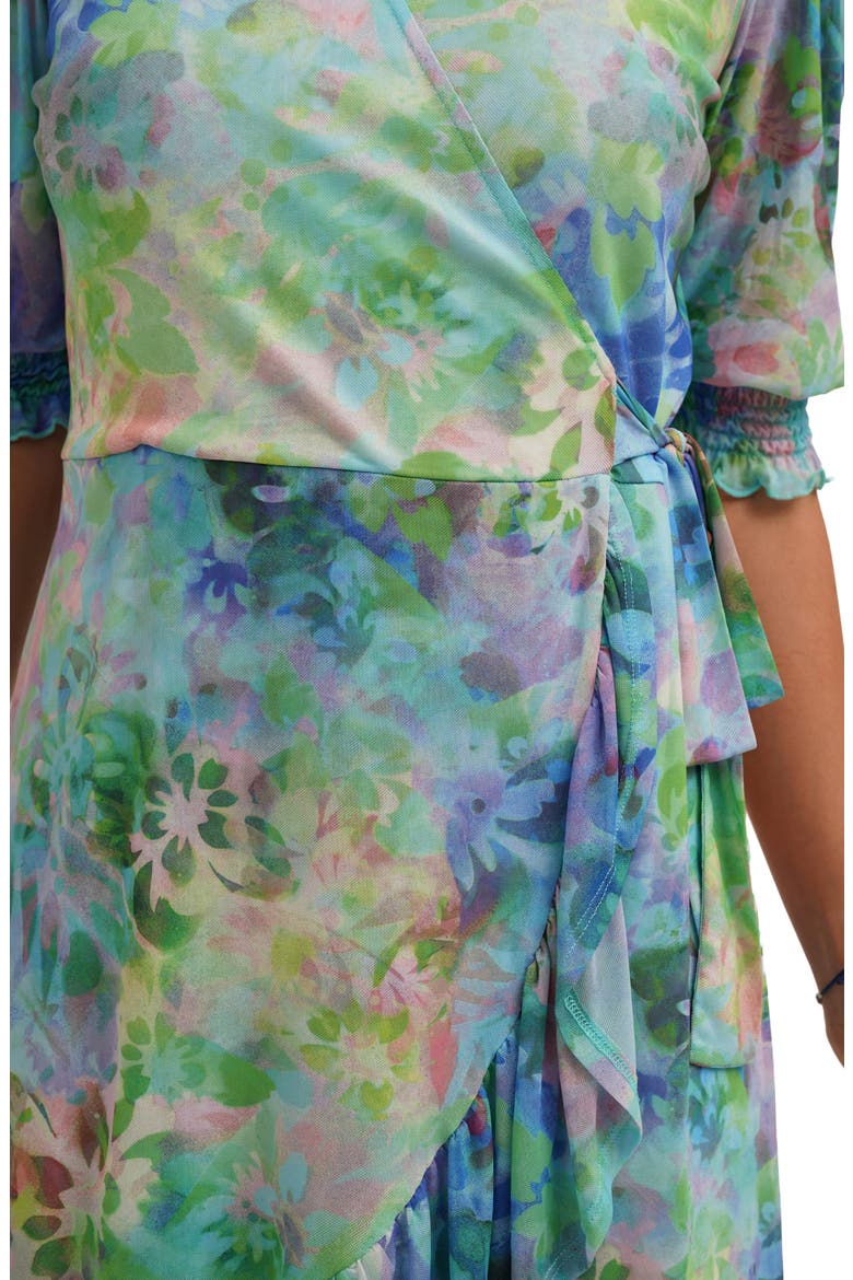 Floral Ruffle Trim Mesh Wrap Dress, Alternate, color, FIONA