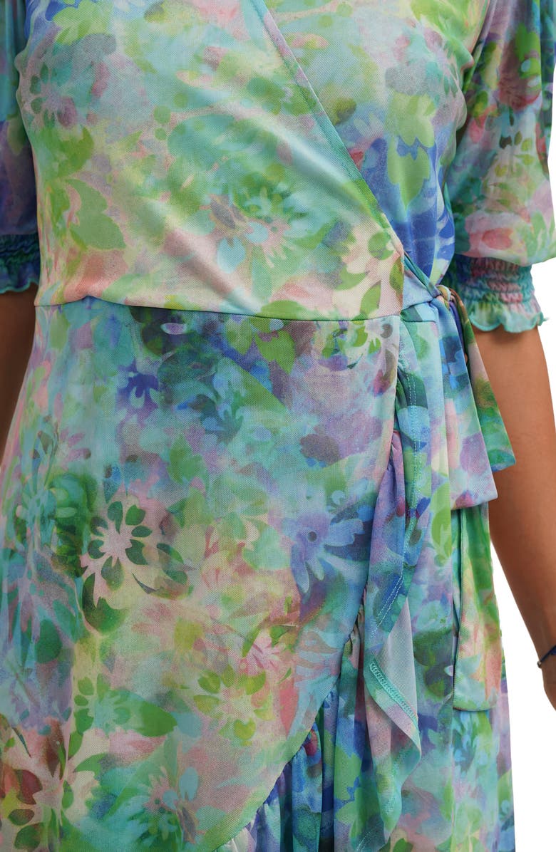 CYRUS Floral Ruffle Trim Mesh Wrap Dress, Alternate, color, Fiona