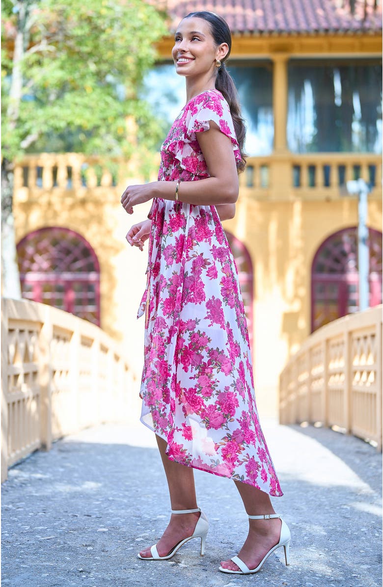 Yumi Floral Dipped Hem Wrap Dress, Alternate, color, Ivory